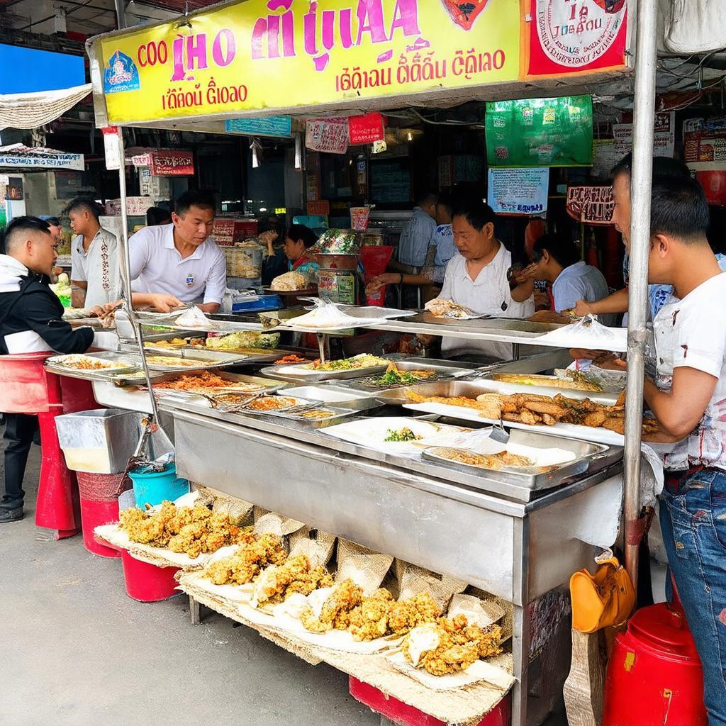 Hình ảnh các món ăn đường phố hấp dẫn được bày bán xung quanh khu vực Chợ Thuận Giao Thuận An